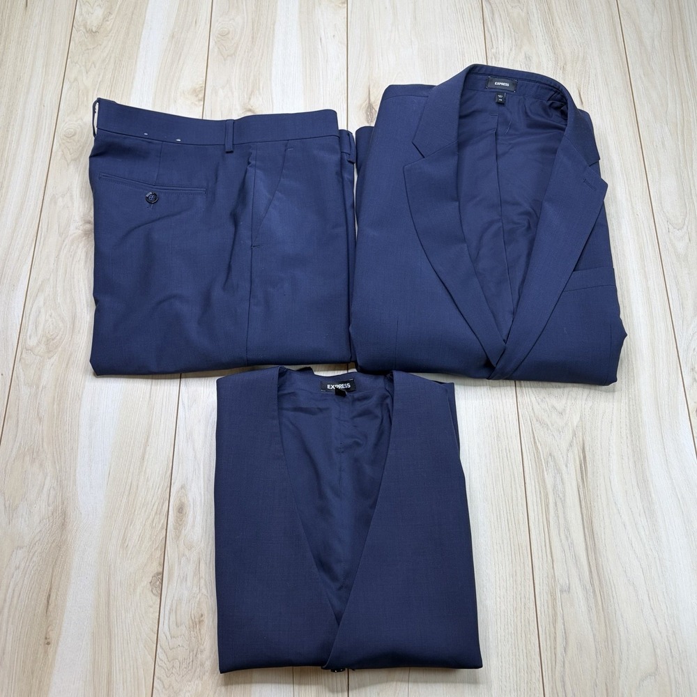 Express Men 3pc Wool Blend Extra Slim Suit Blue Size 44R V: Large W:36x32